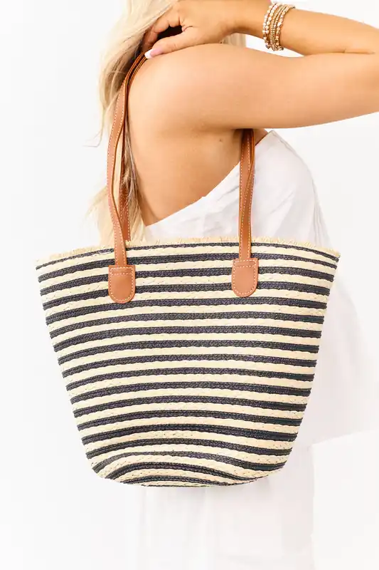Beige and Black Striped Straw Zip Up Tote Bag - NEO NYC INC
