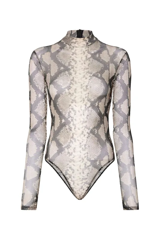 Printed Mesh Mock Neck Bodysuit | Python Print - LAPOINTE