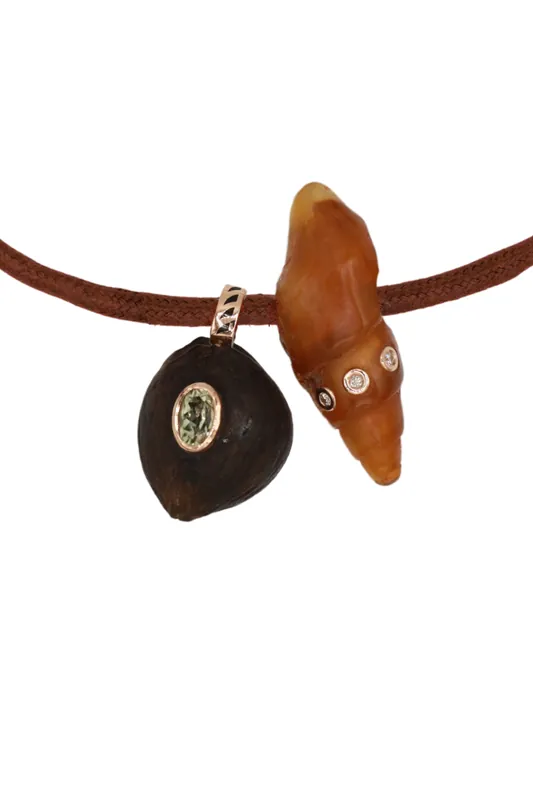 Costa Rica Oval Sillimanite and Fossil Agate with Diamonds Bead on Cord - Dezso by Sara Beltran