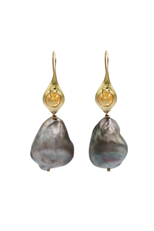 Tahitian Pearl and Yellow Cabochon Diamond Earrings - TenThousandThings