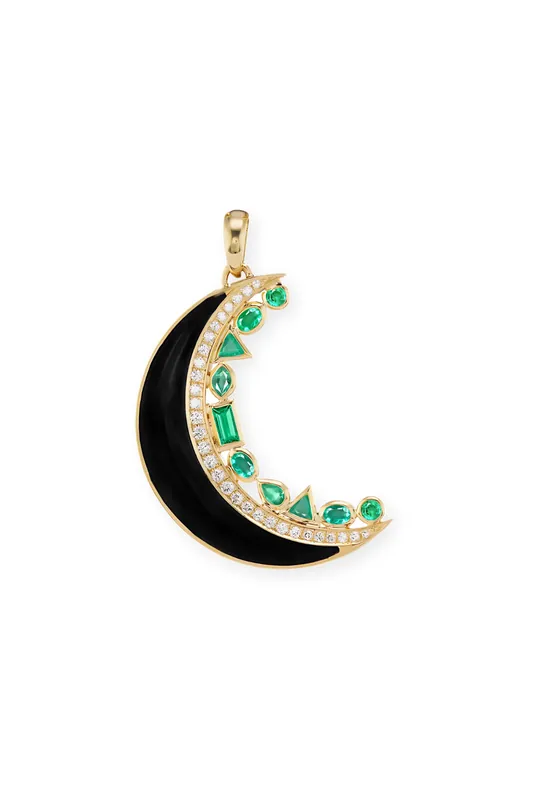 Crescent Moon Inlay Pendant | Onyx, Emerald, and Diamond - Sorellina