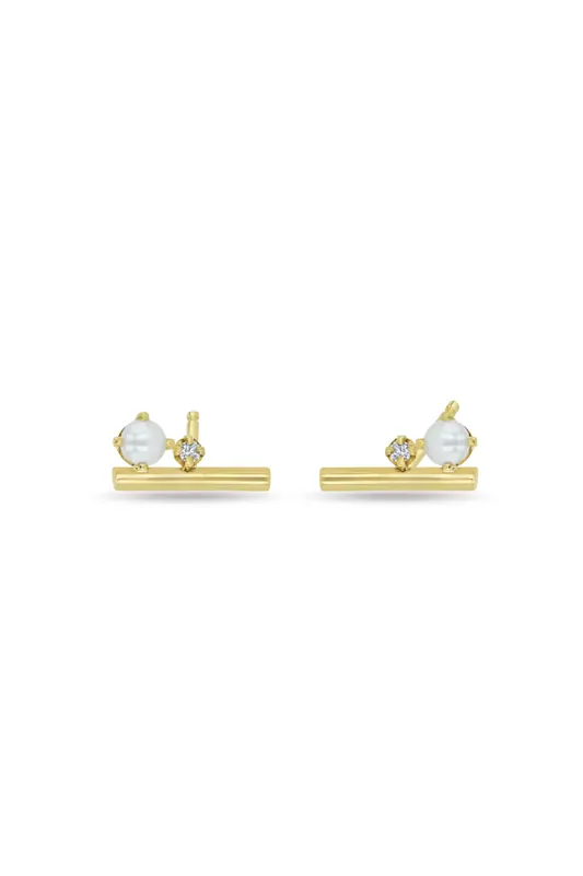 Gold Wire Studs | Freshwater Pearl and Diamond - Zoe Chicco