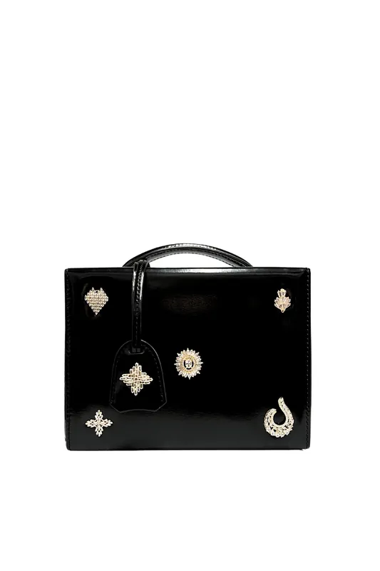 Grace Small Box Bag | Black and Crystal Brooches - Mark Cross