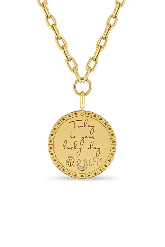 14k Large "Today Is Your Lucky Day" Mantra With Lucky Symbols Necklace - Zoe Chicco