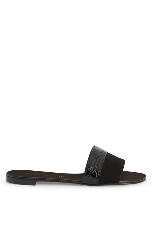 Kanda Suede and Croc Mule Flat Sandal | Black - Giuseppe Zanotti