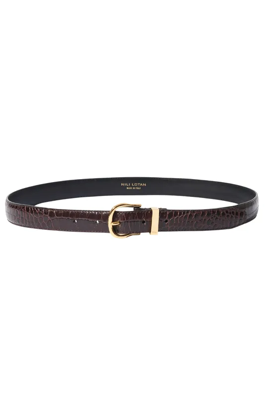 Louise Belt | Croc Dark Brown w/Shiny Brass Buckle - Nili Lotan