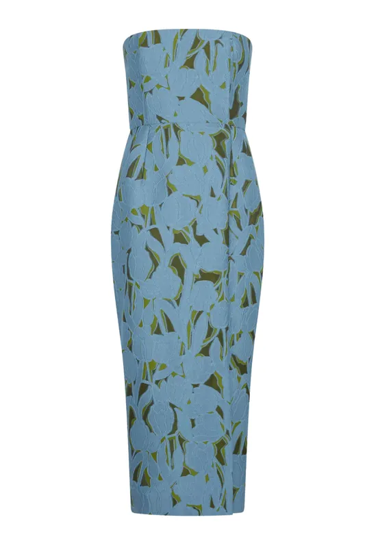 Imara Dress | Cloud Blue & Khaki Embellished Wool - Emilia Wickstead
