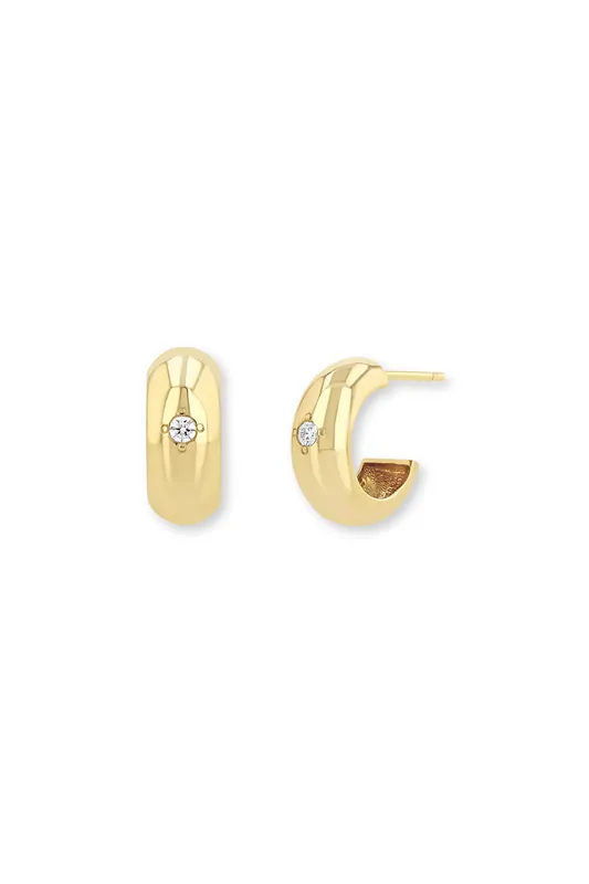 14k Wide Chubby Huggie Hoops with Bead Set Diamond - Zoe Chicco