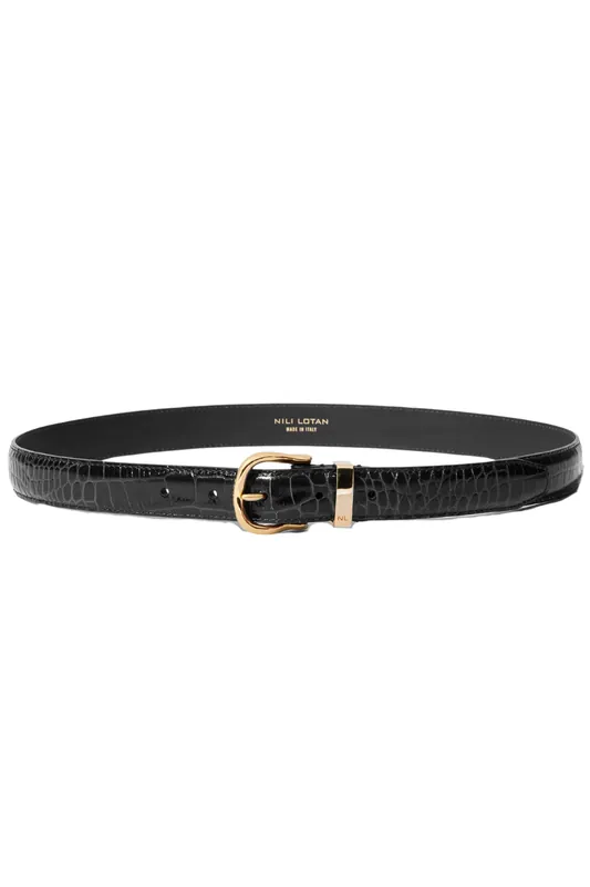 Louise Belt | Croc Black w/ Shiny Brass Buckle - Nili Lotan