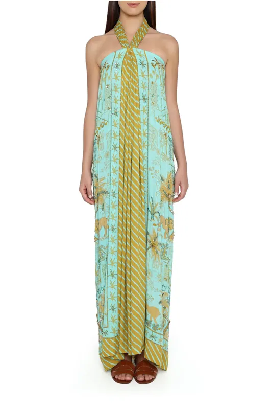 Hand Beaded Safari Halter Gown | Mustard and Aqua Lanka Panel - Verandah