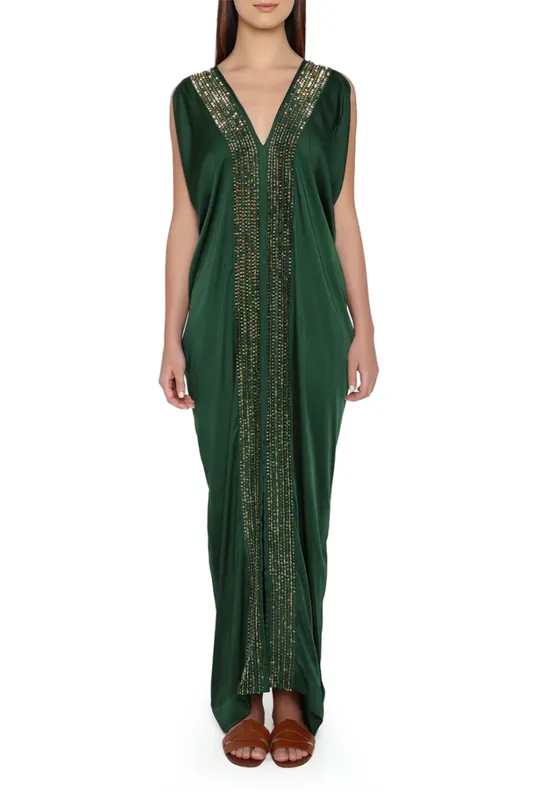 Hand Beaded Draped Kaftan | Emerald - Verandah