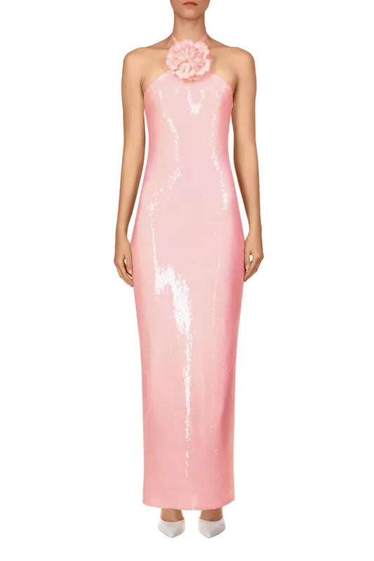 Sequin Halter Gown With Sequin Flower | Light Pink - Rodarte