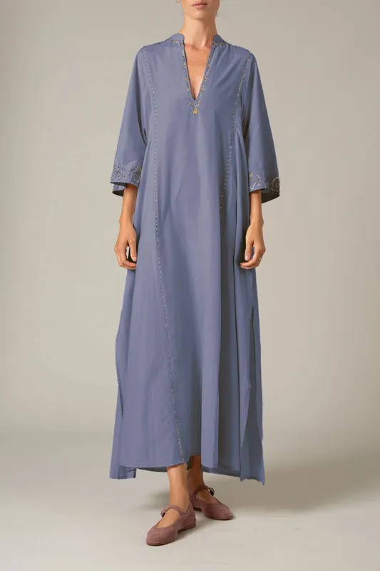Rachel Palazzo Embroidery Long Kaftan | Storm Blue - Thierry Colson