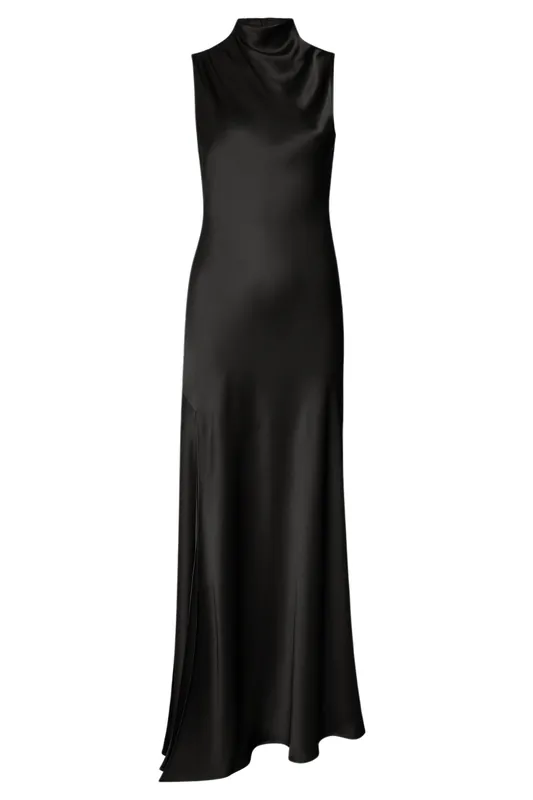 Doubleface Satin Drape Neck Sleeveless Dress | Black - LAPOINTE