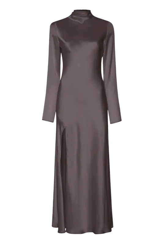 Satin Draped Neck Bias Dress | Mocha - LAPOINTE