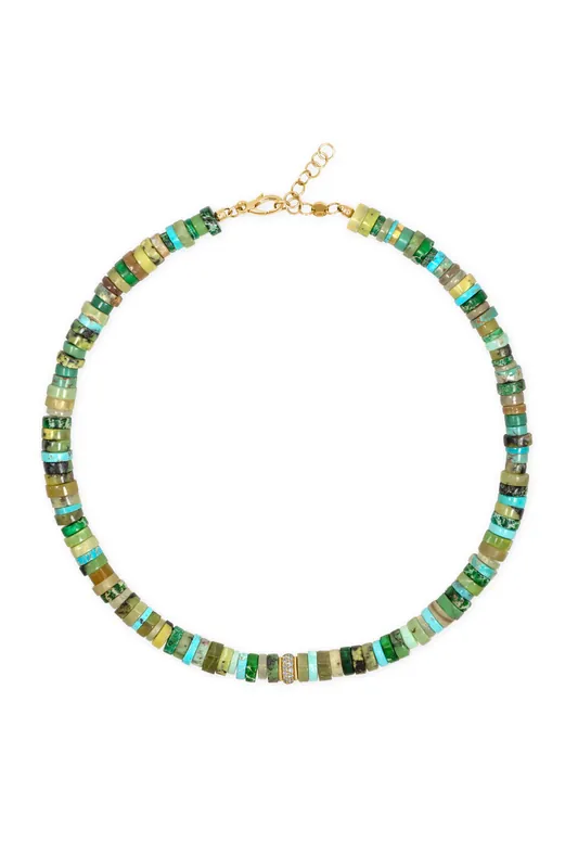Turquoise and Green Heishi Beaded Necklace | Diamonds - Jenna Blake
