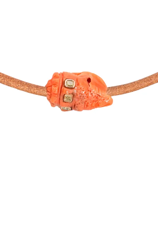 Petite Coral Conch Bead Leather Cord Necklace | Cushion Cut Diamonds - Dezso by Sara Beltran