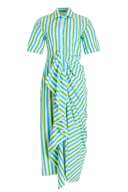 Gathered Ruffle Shirt Dress | Blue/Green Stripe - Rosie Assoulin