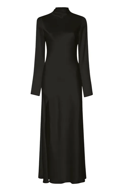 Satin Draped Neck Bias Dress | Black - LAPOINTE