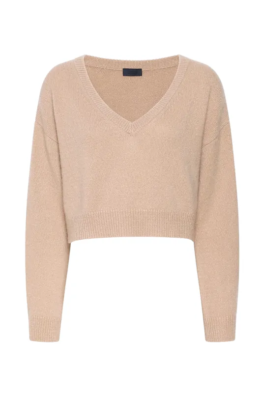 Cashmere Cropped V Neck Sweater | Oat - LAPOINTE
