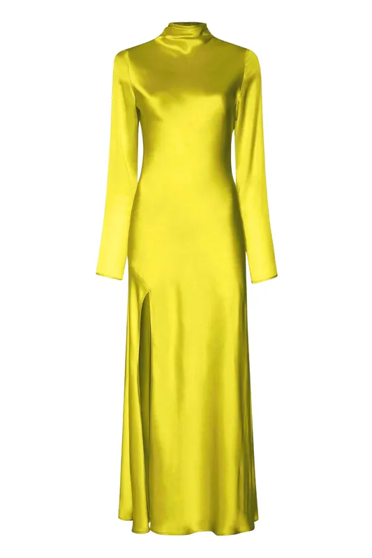 Satin Draped Neck Bias Dress | Chartreuse - LAPOINTE