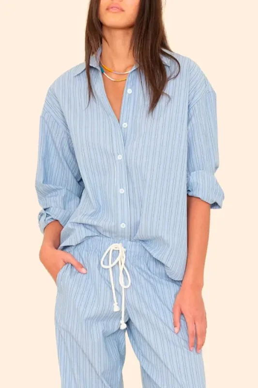 Hayven Shirt | Chambray Teal Stripe - XIRENA