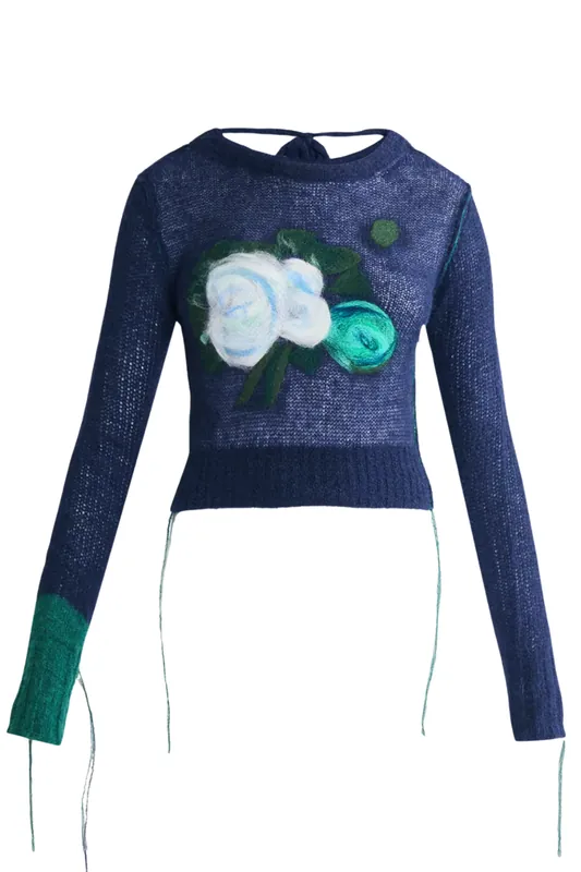 Floral Detail Open Stitch Cropped Jumper | Navy - Erdem