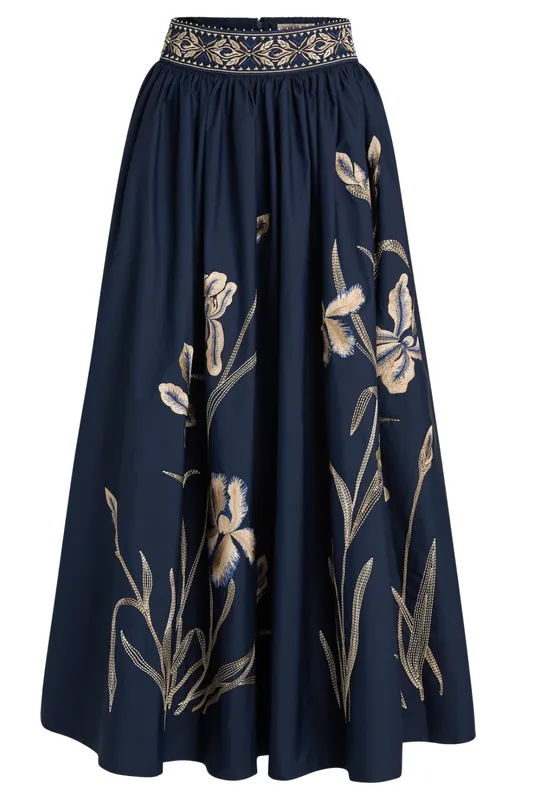 Ombretta Iris Embroidery Skirt | Navy Blue - Emporio Sirenuse