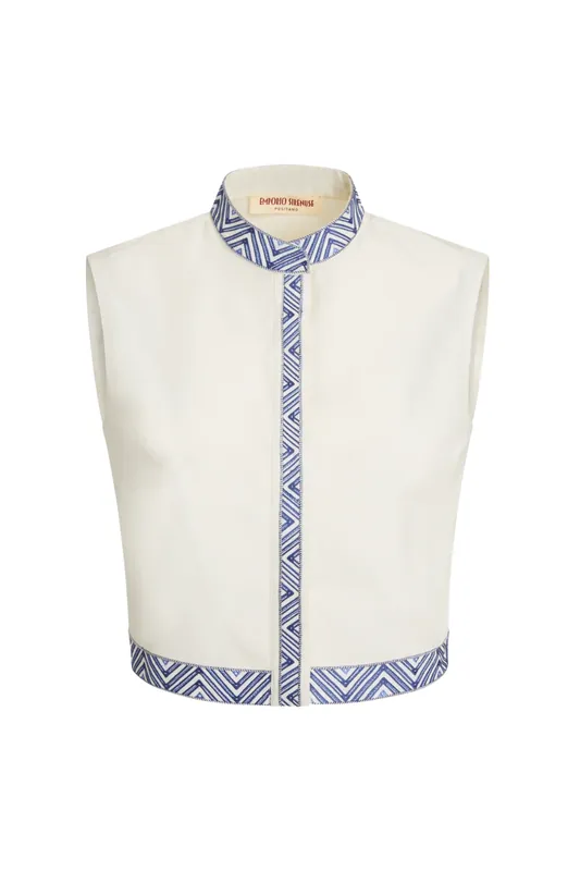 Andorra Iris Embroidery Top | White Blue - Emporio Sirenuse