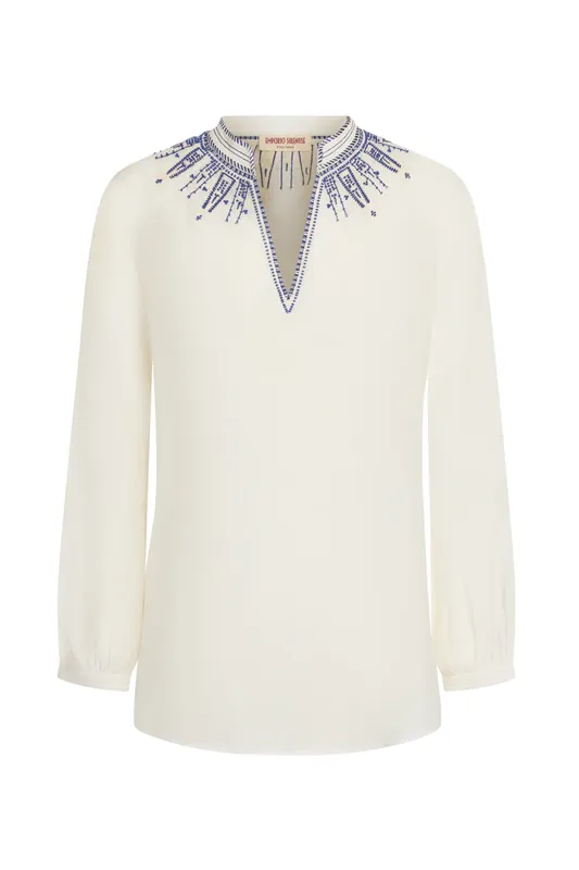 Ilizia Iris Embroidery Top | White Blue - Emporio Sirenuse