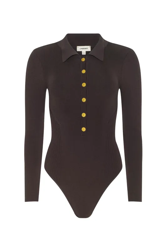 Elisabetta Knit Bodysuit | Dark Brown/Gold - L'Agence