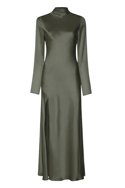Satin Draped Neck Bias Dress | Pine - LAPOINTE