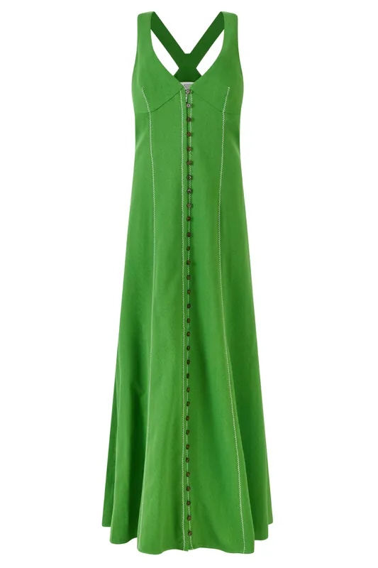 Row, Row, Row Your Buttons Dress | Grass Green - Rosie Assoulin