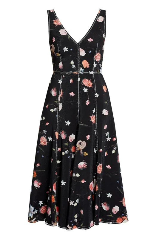 Floral Print Textured Twill Sleeveless Midi Dress | Dutch Flower Painting Black - Erdem