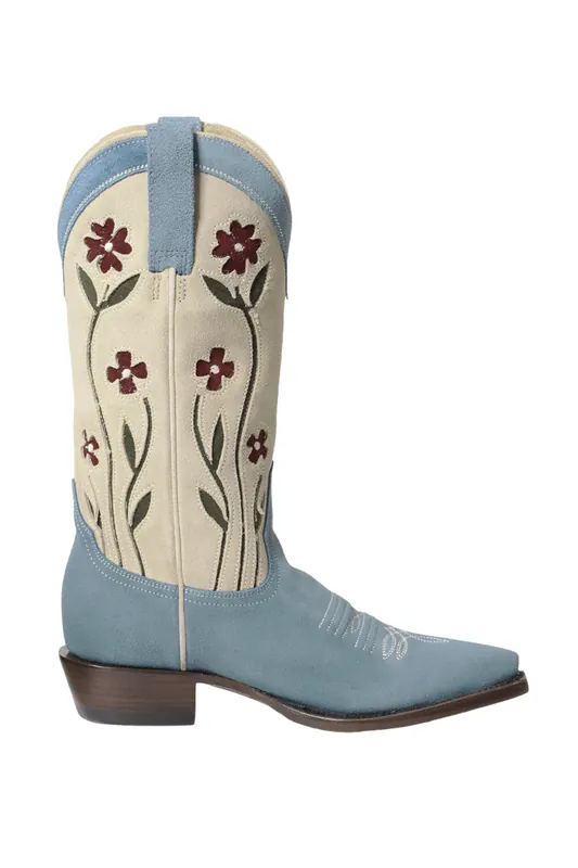 The Suede Cowboy Boot | Washed Indigo Floral - The Great.