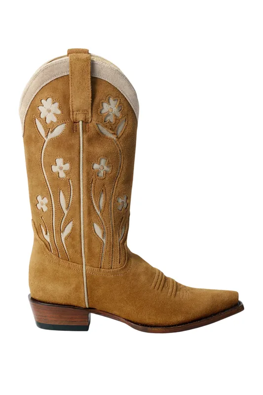 The Suede Cowboy Boot | Tan Floral - The Great.