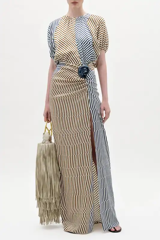 Kala Dress | Navy Brown Multidirectional Stripes - Silvia Tcherassi