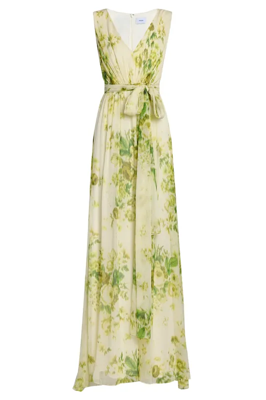 Floral Print Silk Creponne Sleeveless Gown | Rose Bouquet Lemongrass - Erdem