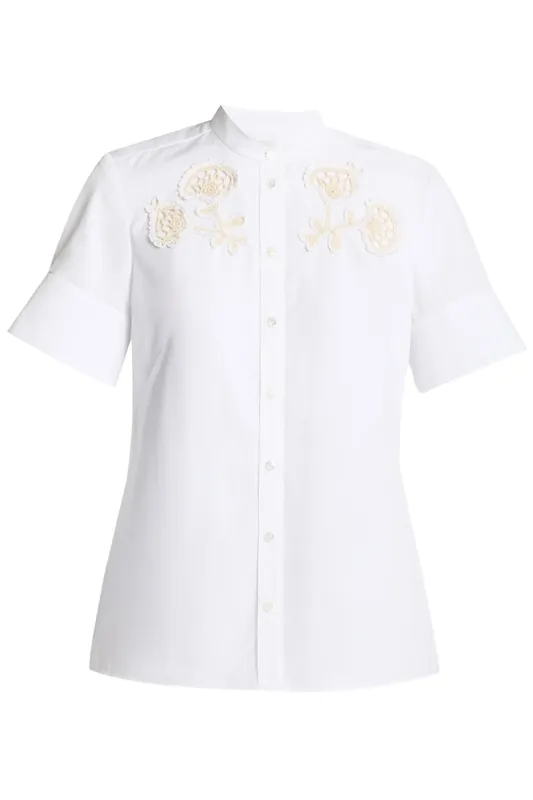 Appliqué Cotton Poplin Short Sleeve Shirt | White - Erdem