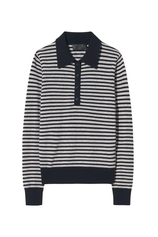 Prescott Stripe Polo | Dark Navy/Grey Stripe - Nili Lotan