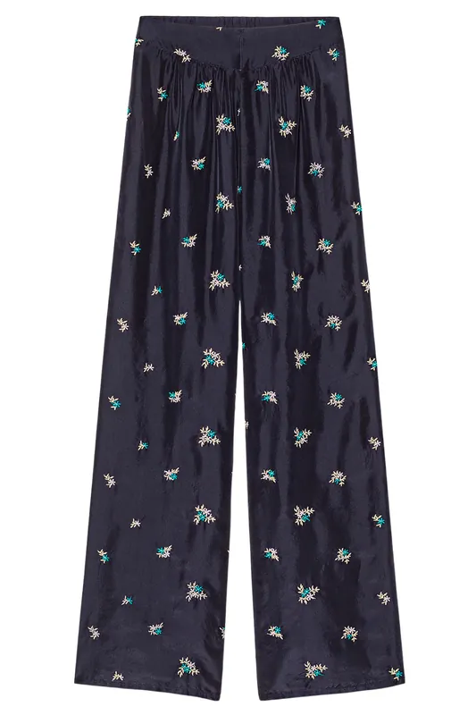 Elegant Trousers with "Petites Fleurs" Embroidery | Midnight - Forte Forte