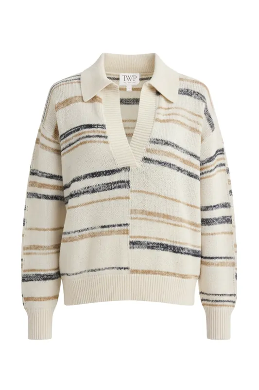 V Neck Long Sleeve Polo | Ivory Multi - TWP