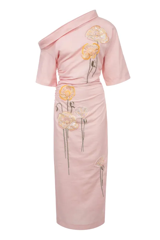 Bowery Dress | Embroidered Yellow & White Poppies On Pink - Bernadette