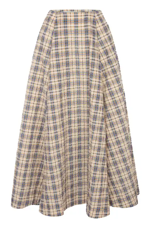 Kennedy Midi Skirt | Blue/Beige Seersucker Check - Bernadette