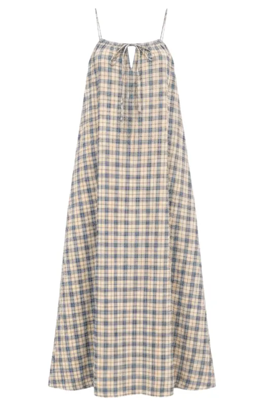 Bob Dress | Blue/Beige Seersucker Check - Bernadette