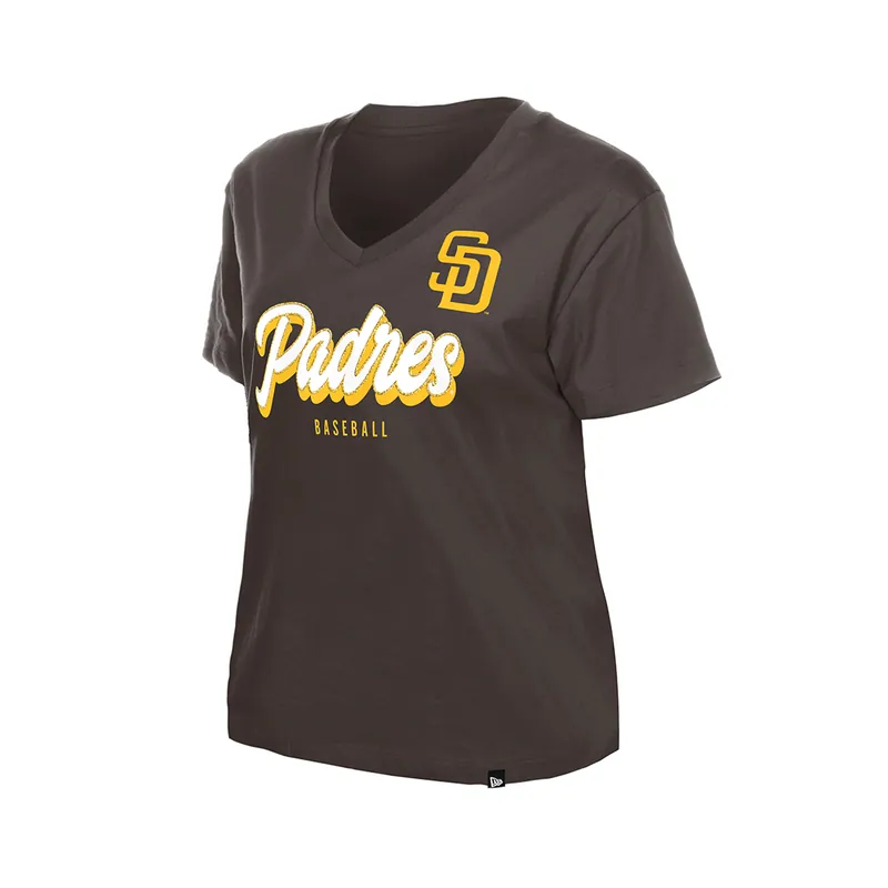 New Era San Diego Padres Shadow Script Women’s V-Neck Short Sleeve T-Shirt Brown Gold