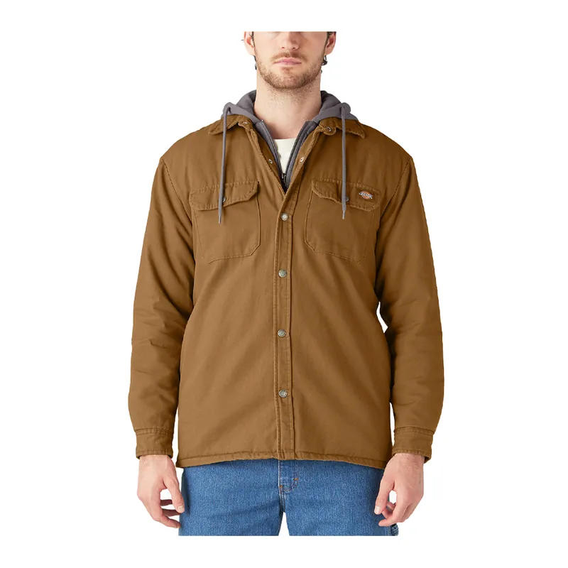 Dickies Mens Fleece Hooded Duck Shirt Jacket With Hydroshield Brown Duck