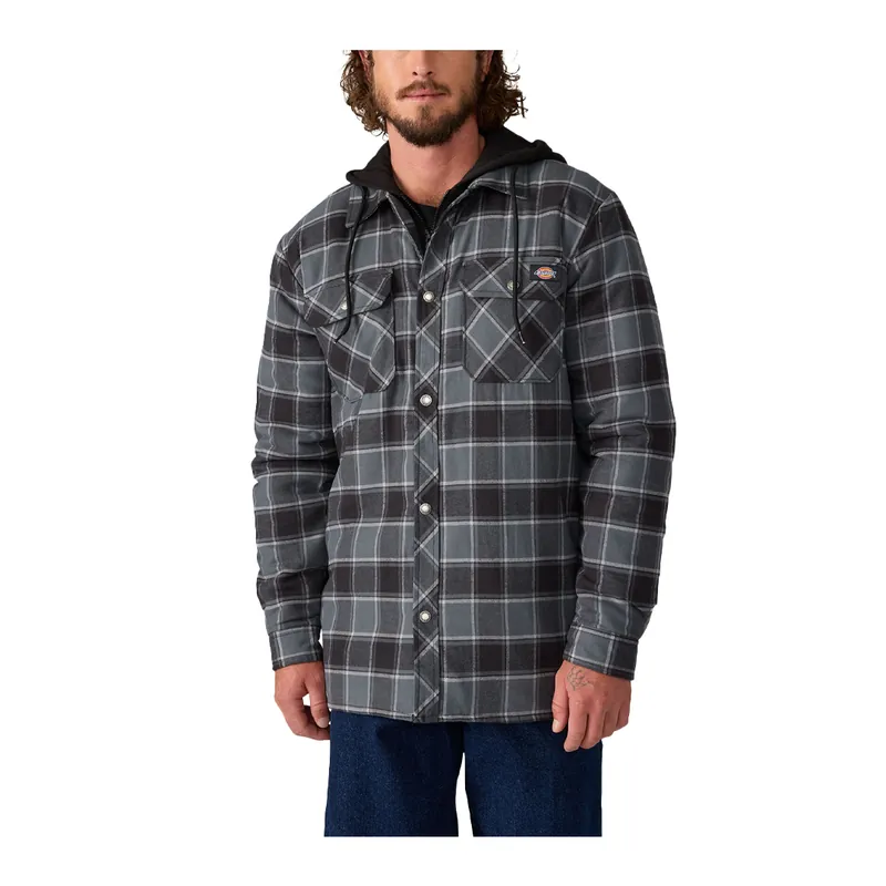 Dickies Mens Fleece Hooded Flannel Shirt Jacket Charcoal