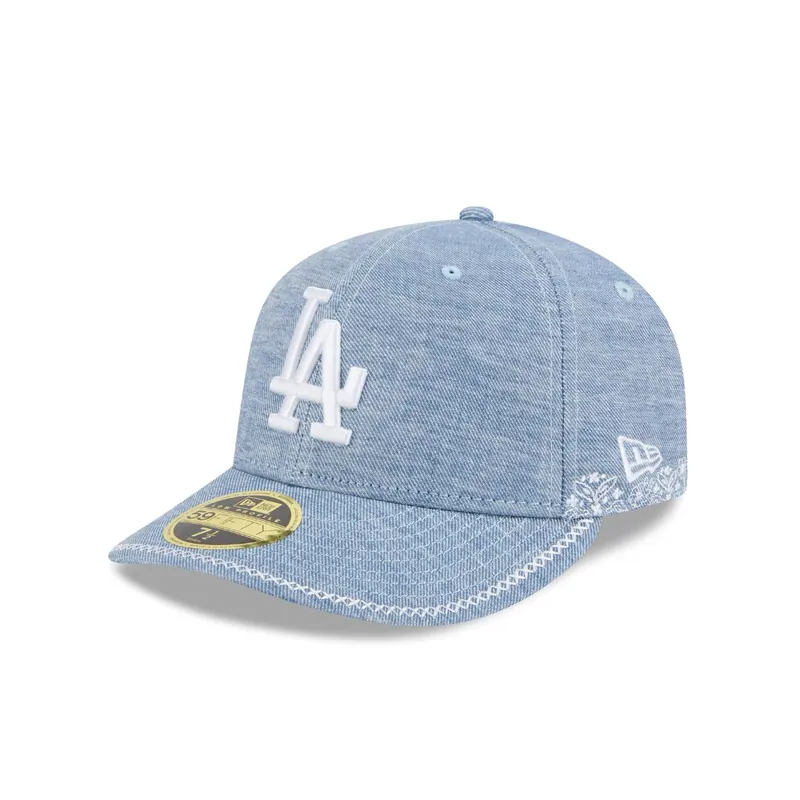 New Era 59Fifty Low Profile Los Angeles Dodgers Hand Stitched Chambray Fitted Hat Open Market Blue