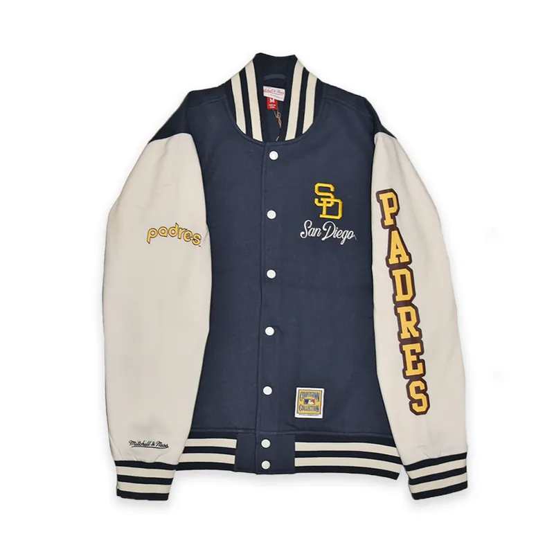 Mitchell & Ness San Diego Padres Washed Fleece Varsity Jacket White Dark Navy Blue